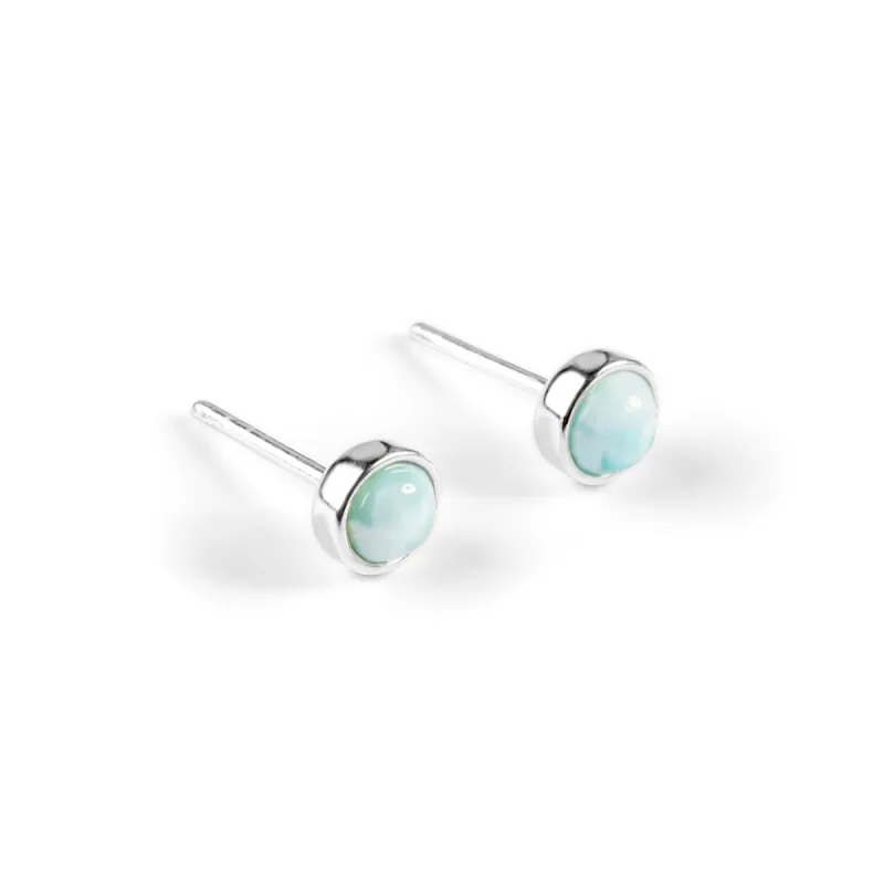 Minimalist Circle Stud Earrings in Silver and Larimar sold by Henryka