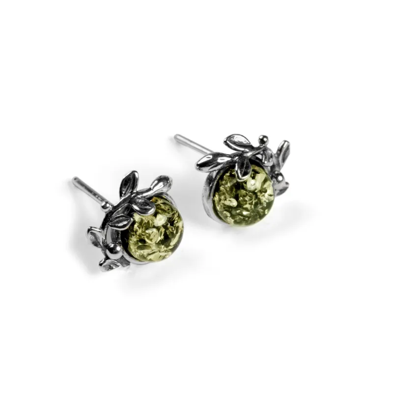 Leaf Motif Stud Earrings in Silver and Green Amber sold by Henryka