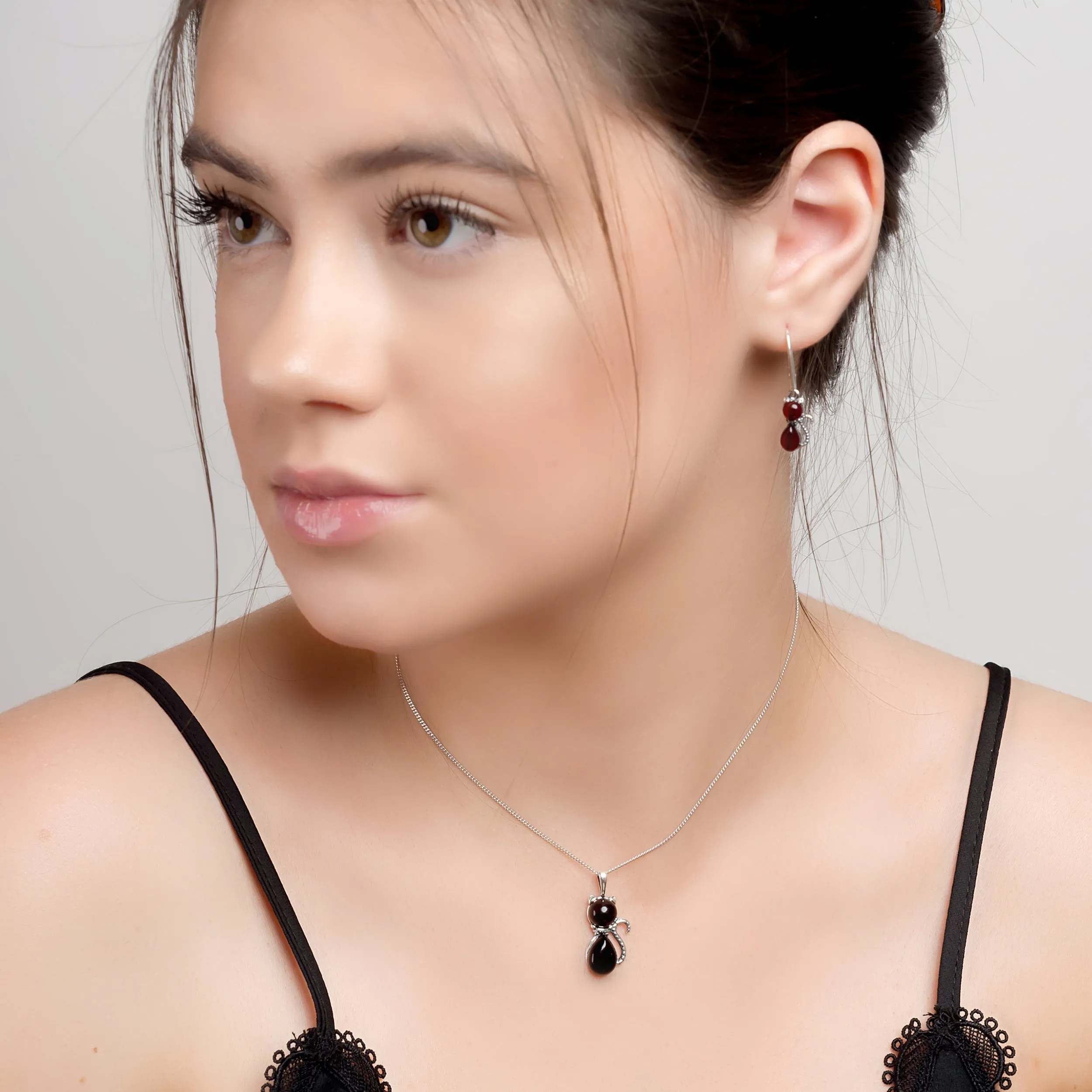 Cute Cat Necklace in Cherry Amber & Silver sold by Henryka product image thumbnail 3