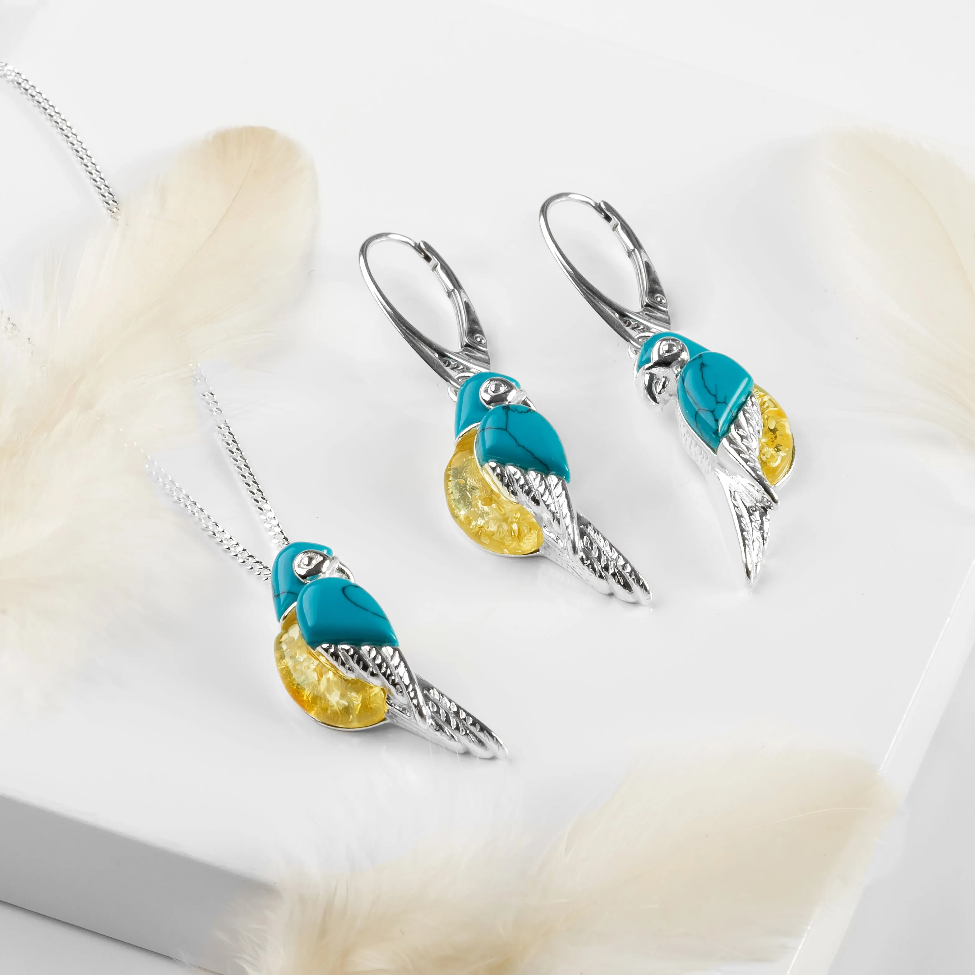 Tropical Macaw Parrot Necklace in Silver, Turquoise and Yellow Amber sold by Henryka product image thumbnail 5