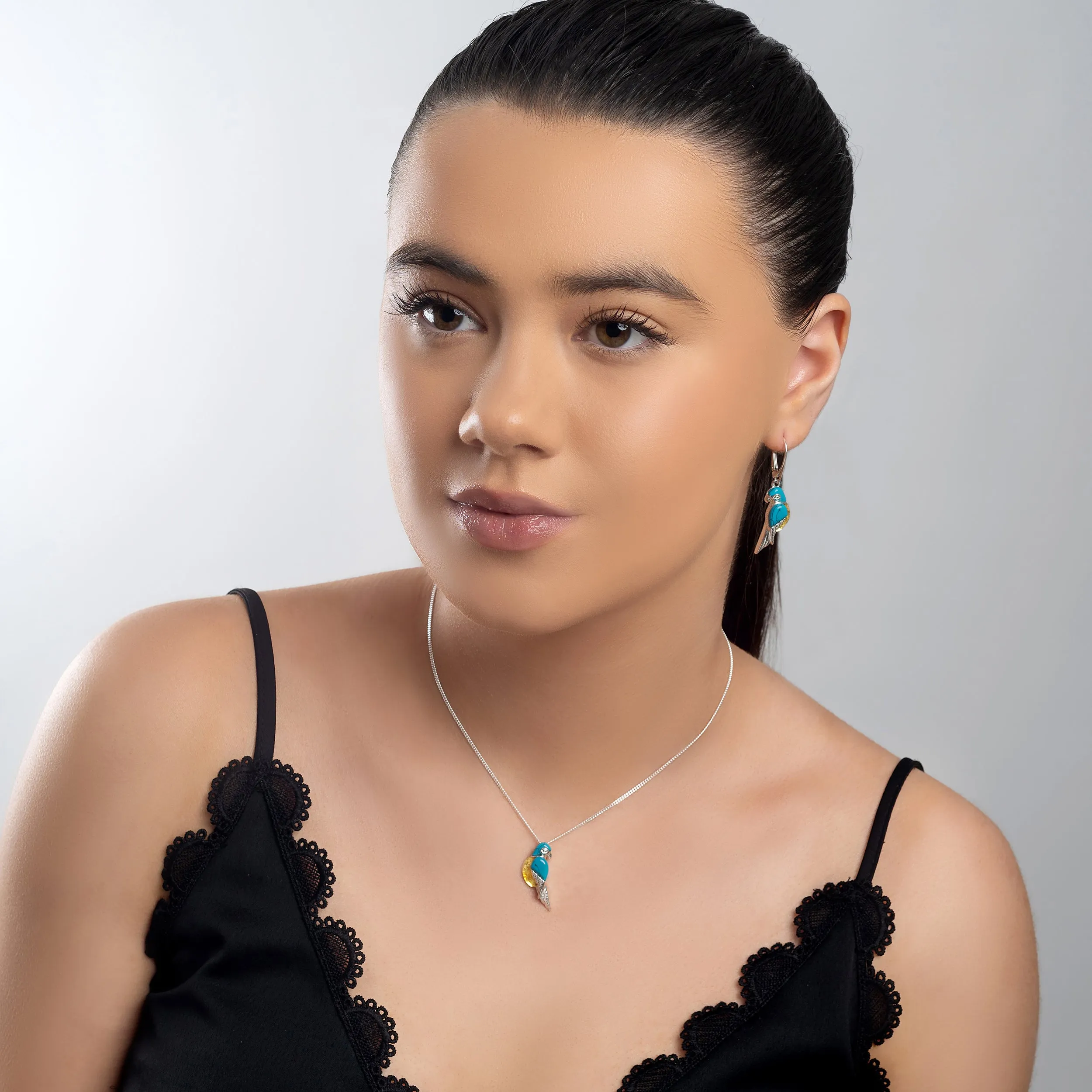 Tropical Macaw Parrot Necklace in Silver, Turquoise and Yellow Amber sold by Henryka product image thumbnail 3