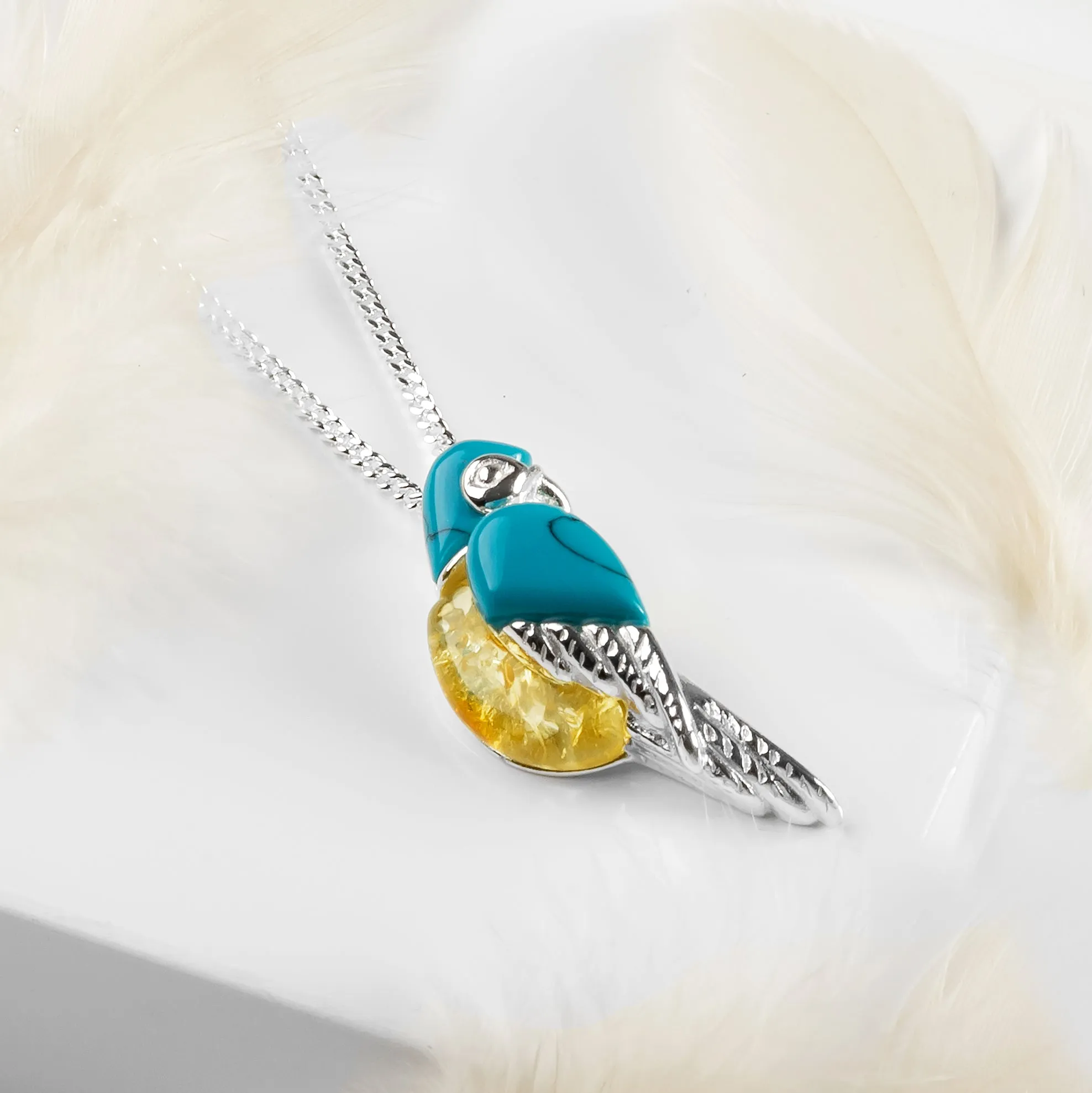 Tropical Macaw Parrot Necklace in Silver, Turquoise and Yellow Amber sold by Henryka product image thumbnail 4