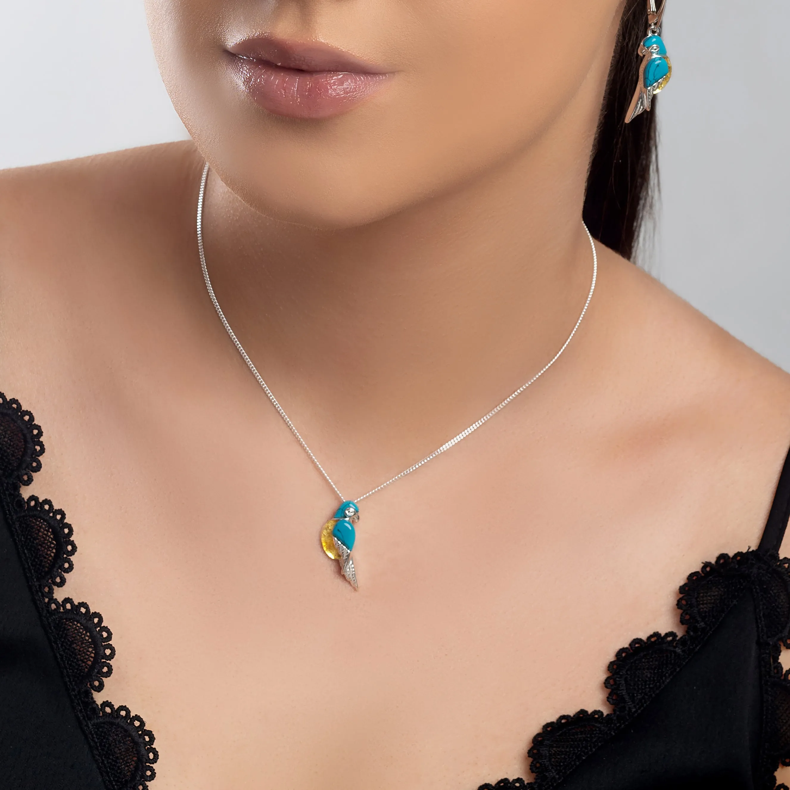 Tropical Macaw Parrot Necklace in Silver, Turquoise and Yellow Amber sold by Henryka product image thumbnail 2