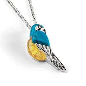 Tropical Macaw Parrot Necklace in Silver, Turquoise and Yellow Amber sold by Henryka