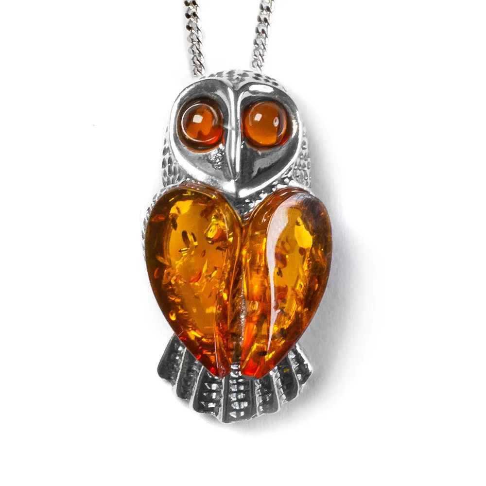 Barn Owl Bird Necklace in Silver and Cognac Amber sold by Henryka