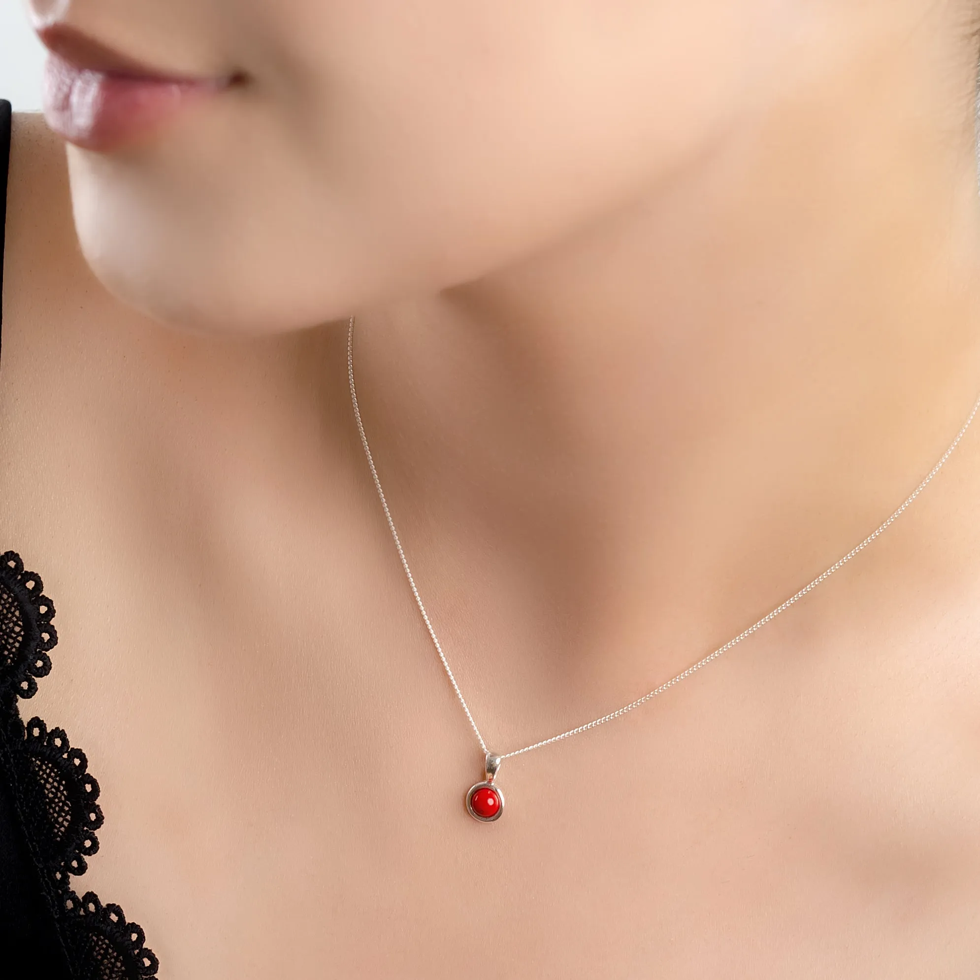 Round Charm Necklace in Silver and Red Coral sold by Henryka product image thumbnail 2