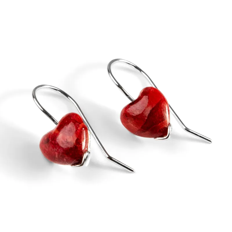 Heart Drop Earrings in Silver and Red Horn Coral sold by Henryka