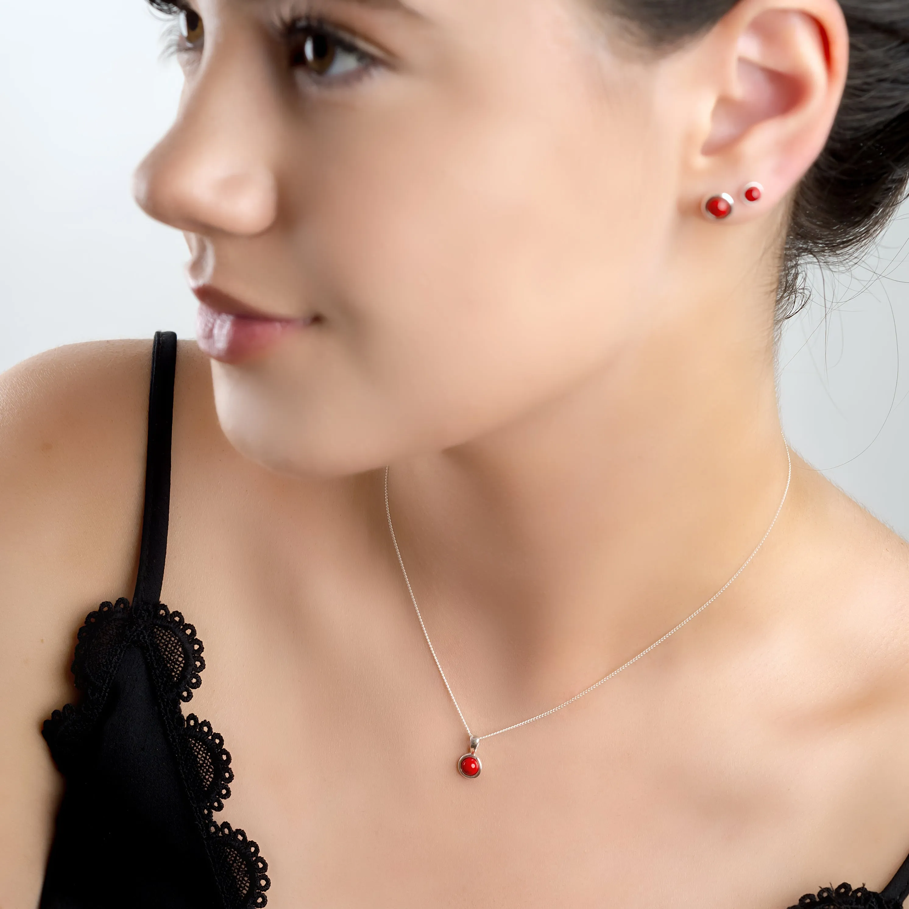 Round Charm Necklace in Silver and Red Coral sold by Henryka product image thumbnail 3