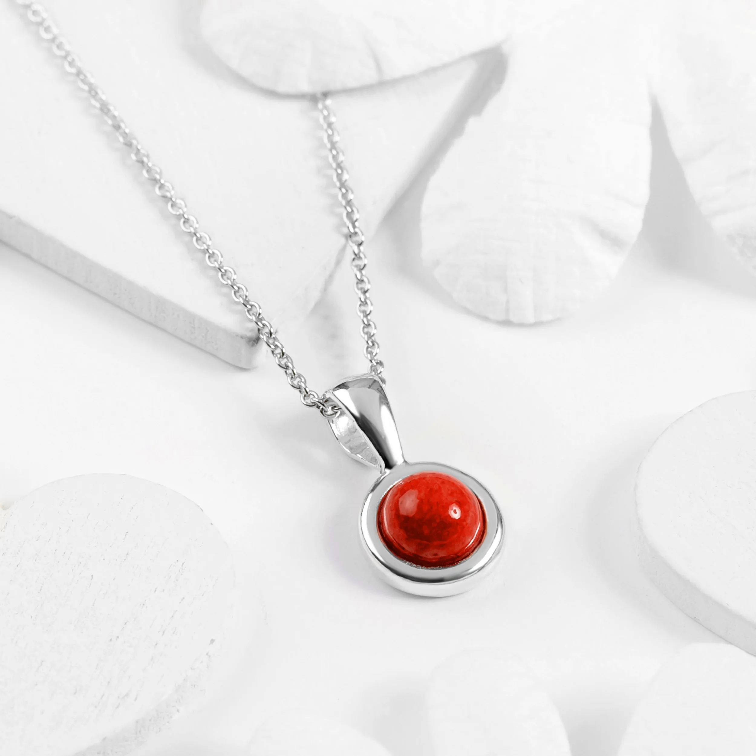 Round Charm Necklace in Silver and Red Coral sold by Henryka product image thumbnail 4