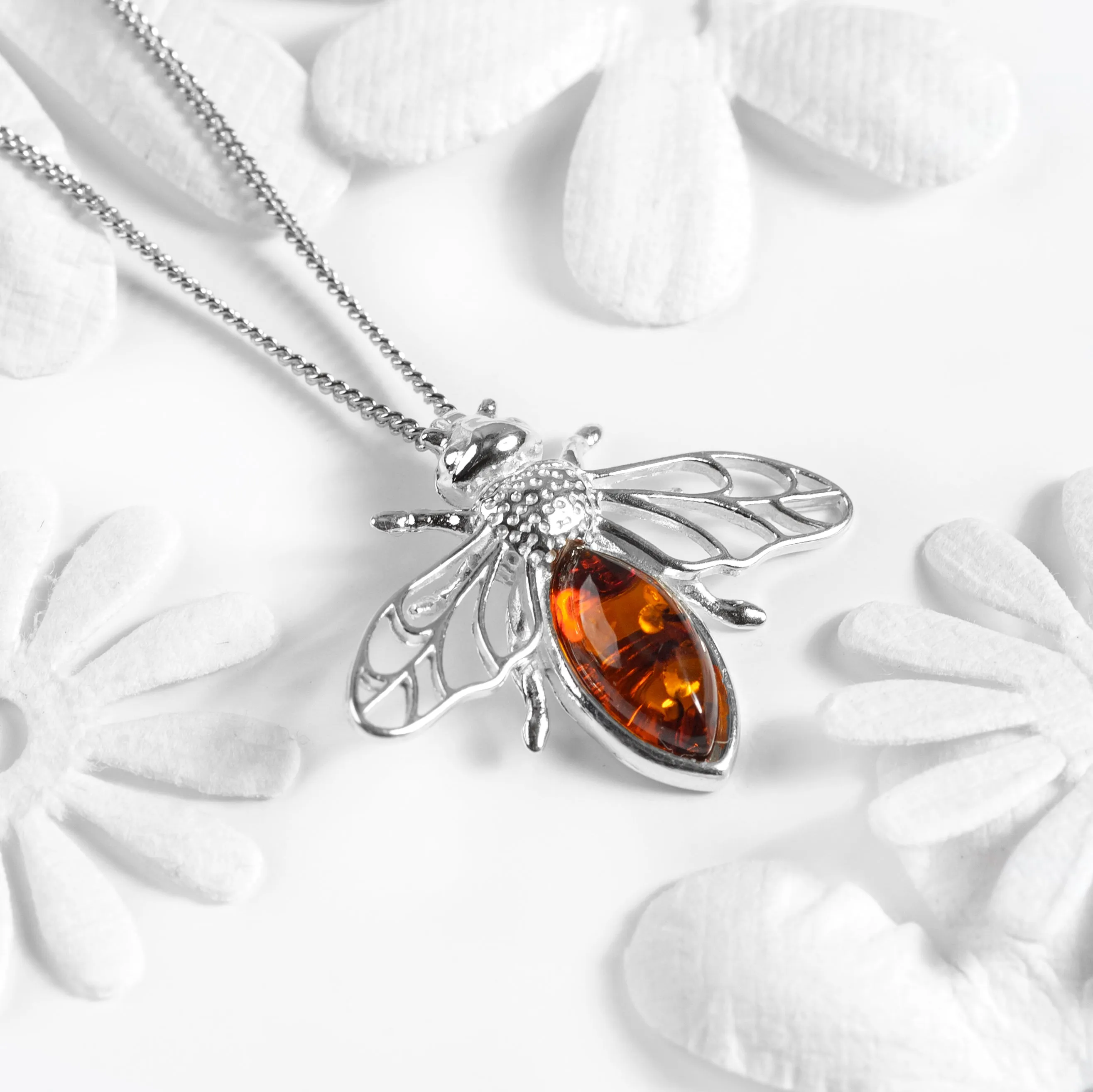 Striped Honey Bee / Bumblebee Necklace in Silver and Amber sold by Henryka product image thumbnail 4