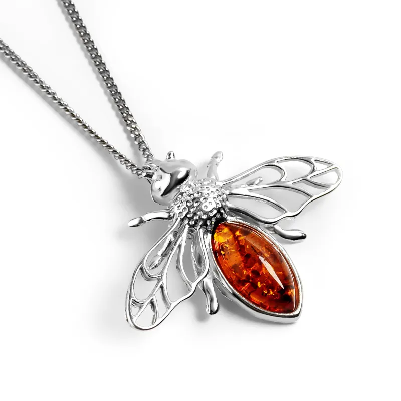 Striped Honey Bee / Bumblebee Necklace in Silver and Amber sold by Henryka