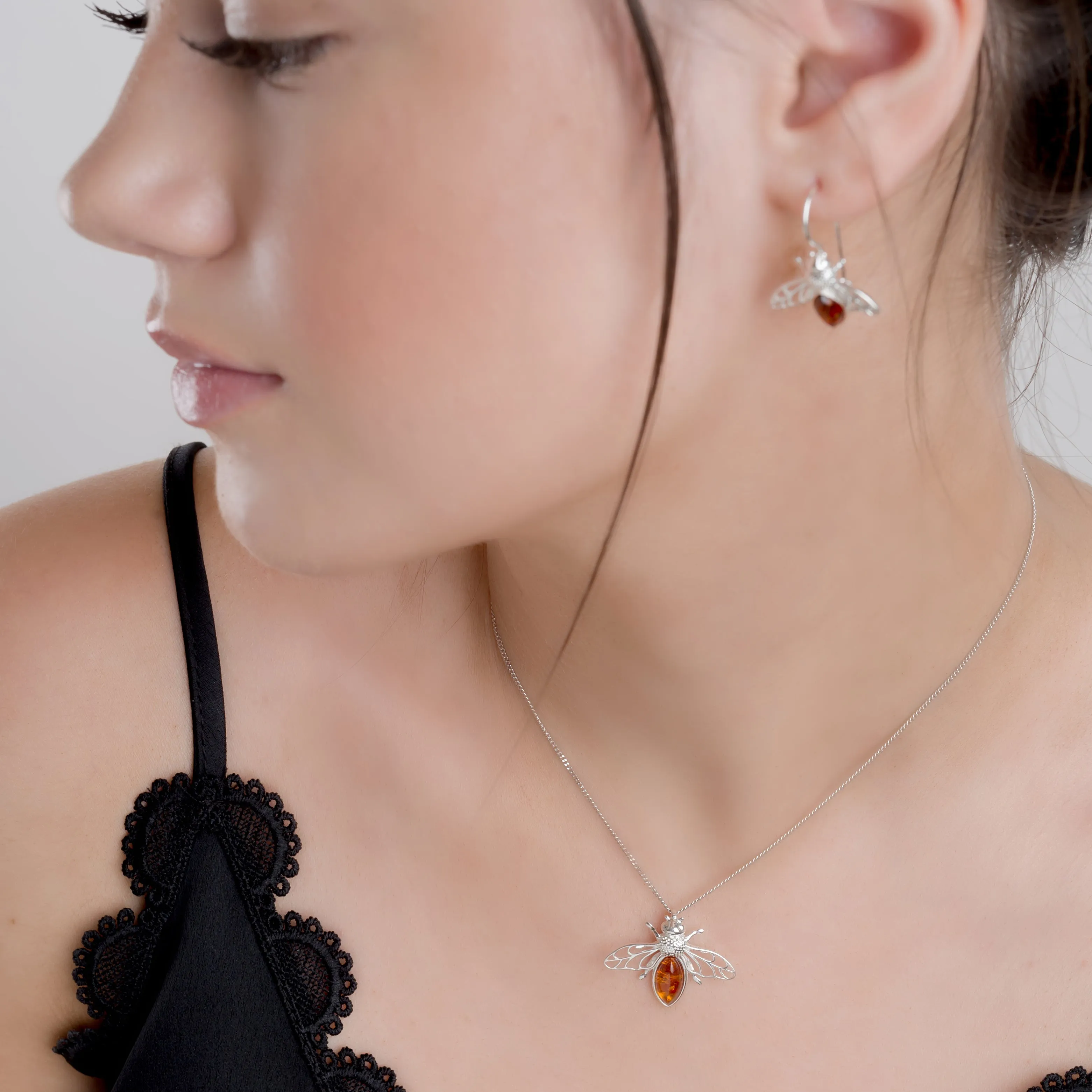 Striped Honey Bee / Bumblebee Necklace in Silver and Amber sold by Henryka product image thumbnail 3