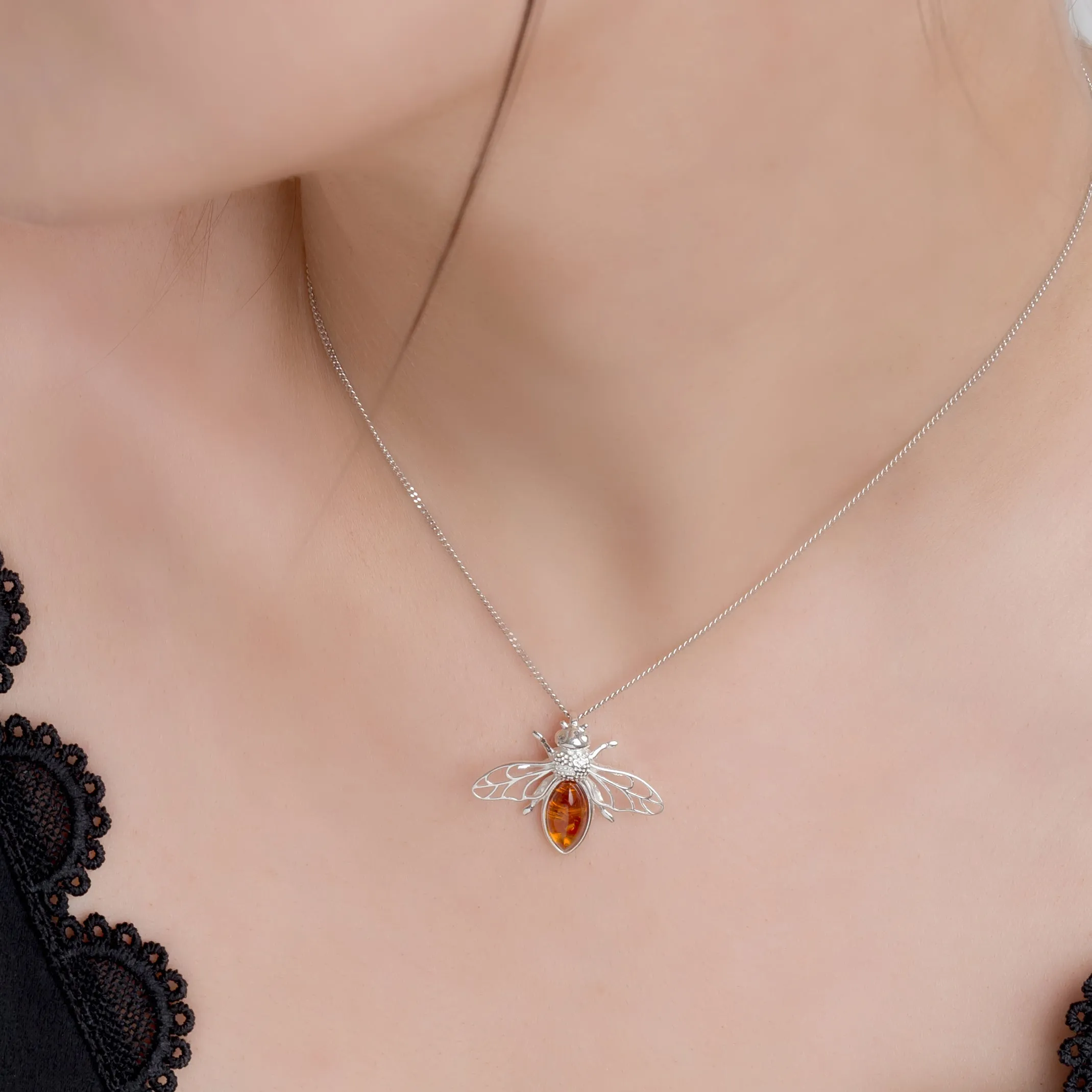 Striped Honey Bee / Bumblebee Necklace in Silver and Amber sold by Henryka product image thumbnail 2