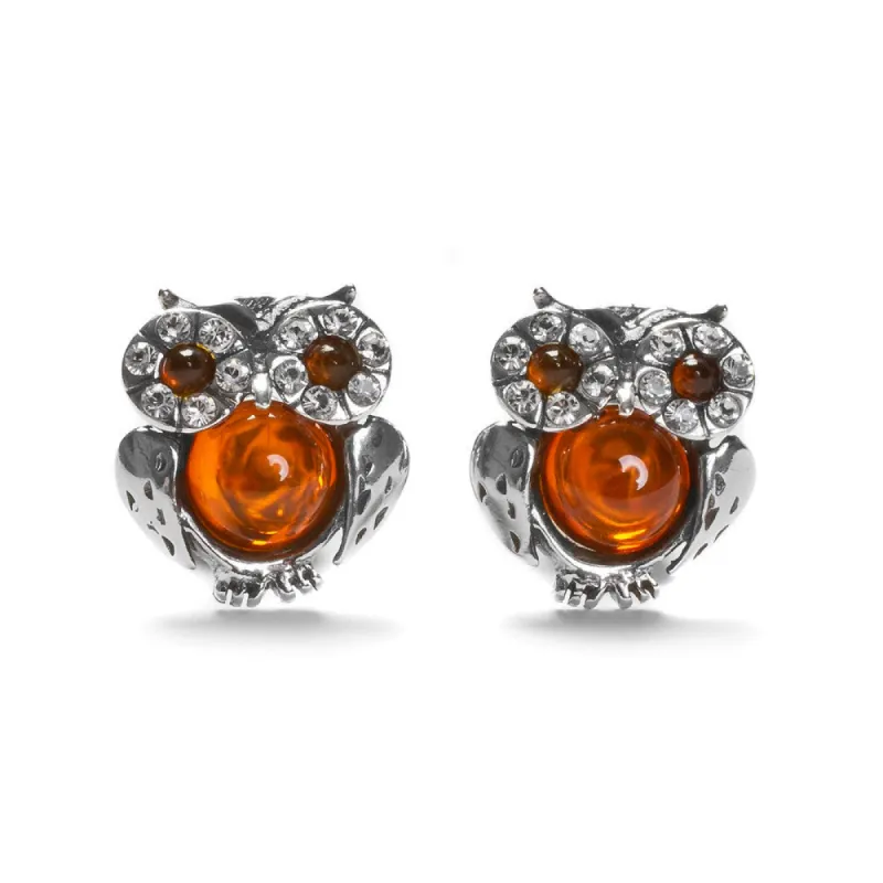 Sparkling Eyed Owl Stud Earrings in Silver and Amber sold by Henryka