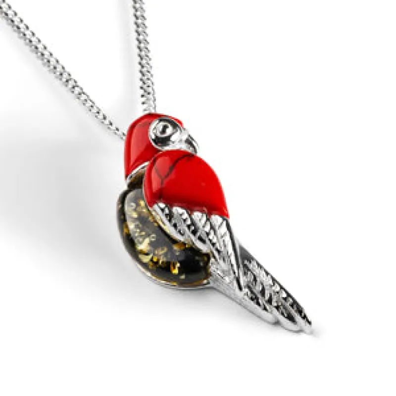 Tropical Macaw Parrot Necklace in Silver, Coral and Green Amber sold by Henryka