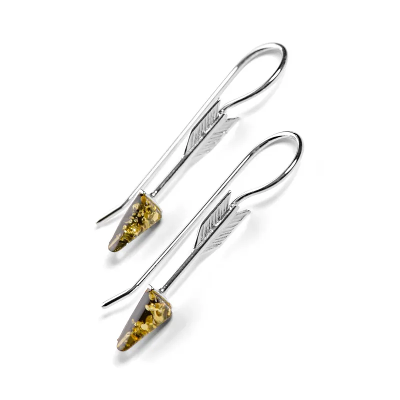 Arrow Drop Earrings in Silver and Green Amber sold by Henryka