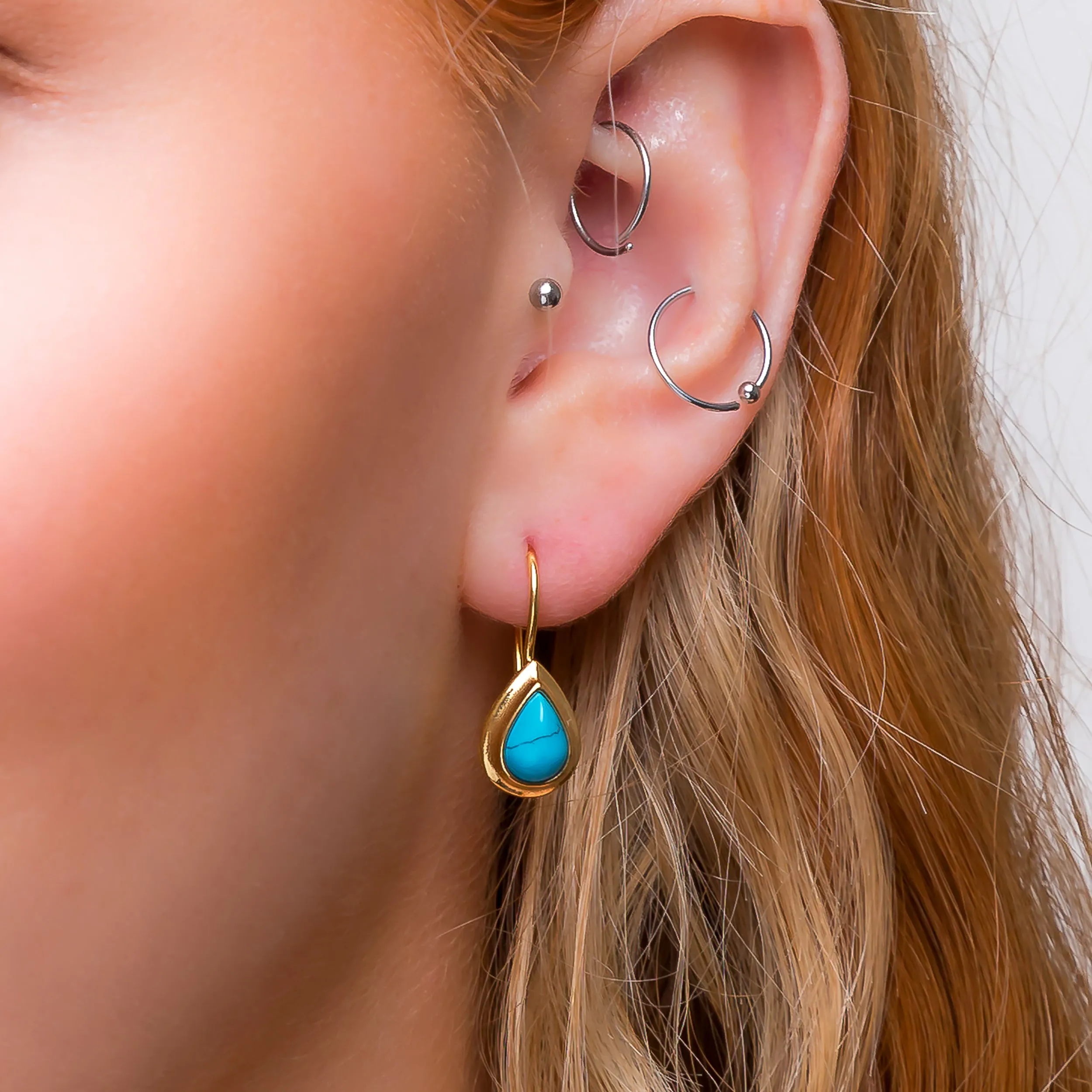 Classic Teardrop Hook Earrings in Silver with 24ct Gold & Turquoise sold by Henryka product image thumbnail 2
