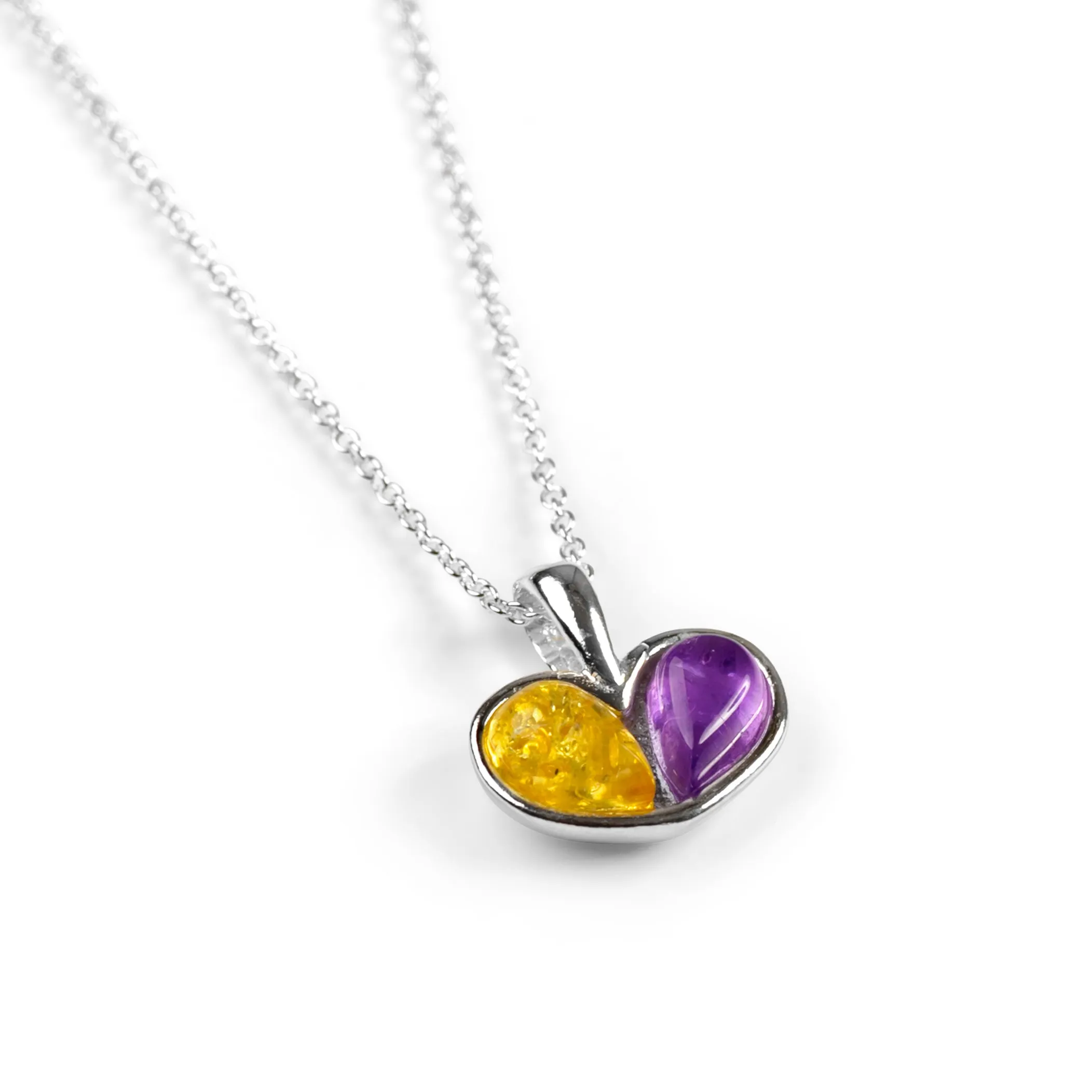 Cute Heart Necklace in Silver, Amethyst and Yellow Amber sold by Henryka