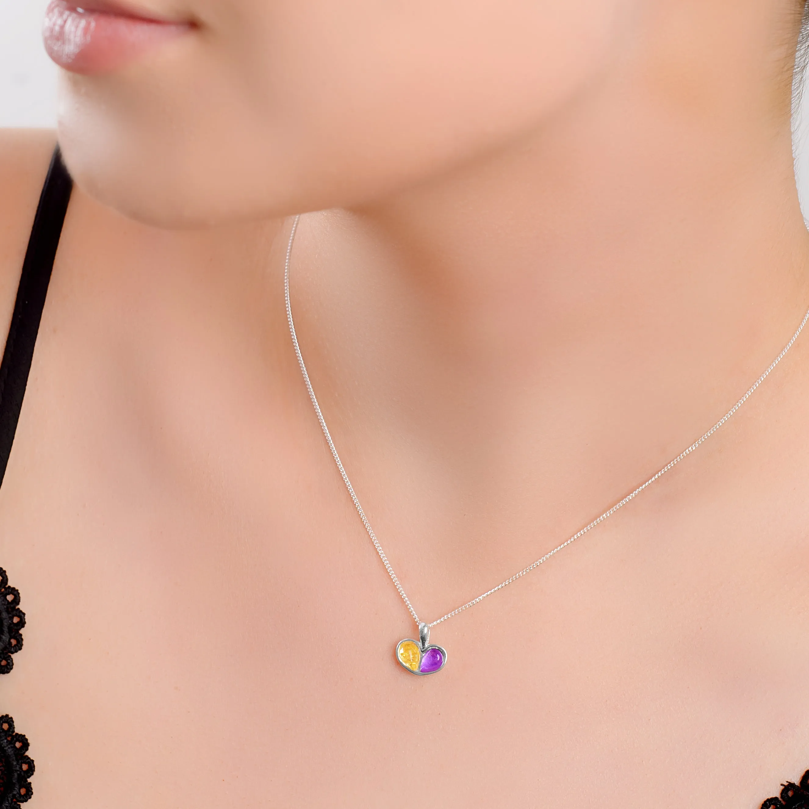 Cute Heart Necklace in Silver, Amethyst and Yellow Amber sold by Henryka product image thumbnail 2
