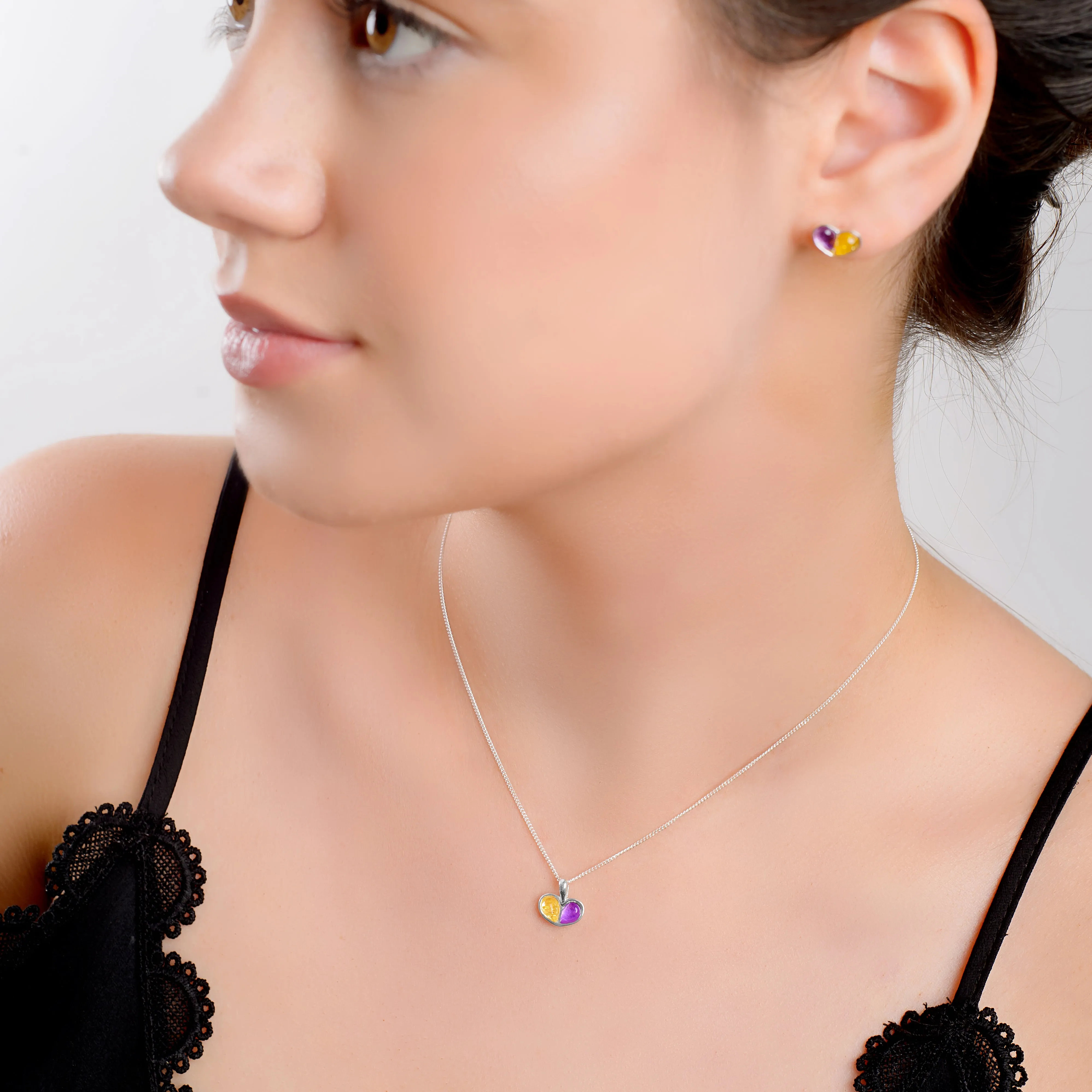 Cute Heart Necklace in Silver, Amethyst and Yellow Amber sold by Henryka product image thumbnail 3