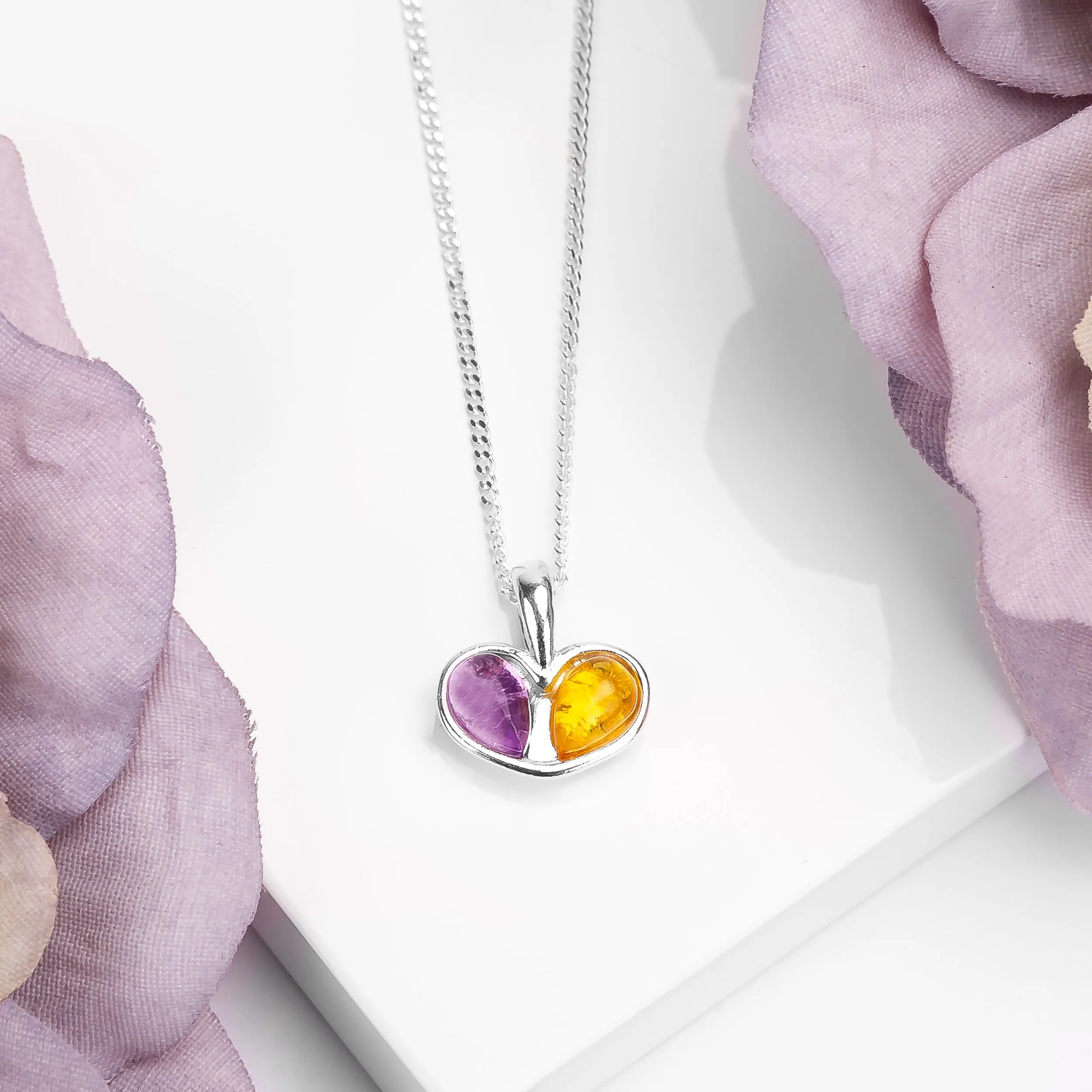 Cute Heart Necklace in Silver, Amethyst and Yellow Amber sold by Henryka product image thumbnail 4