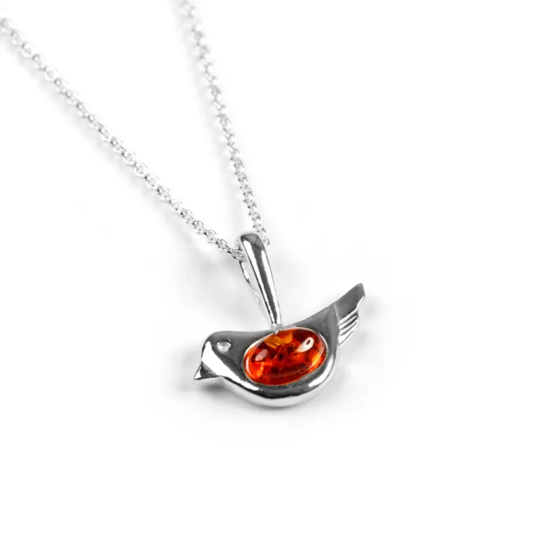 Cute Bird Necklace in Silver and Amber sold by Henryka