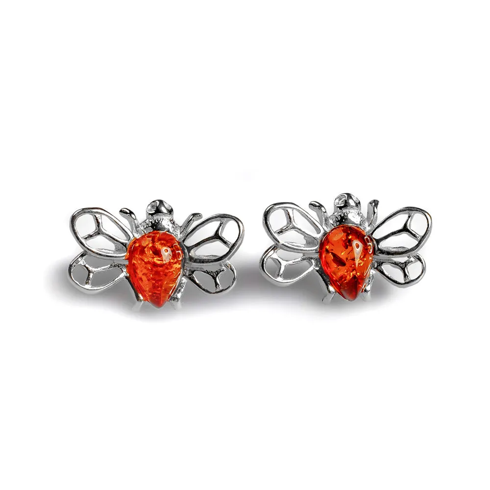Honey Bee Stud Earrings in Silver and Amber sold by Henryka