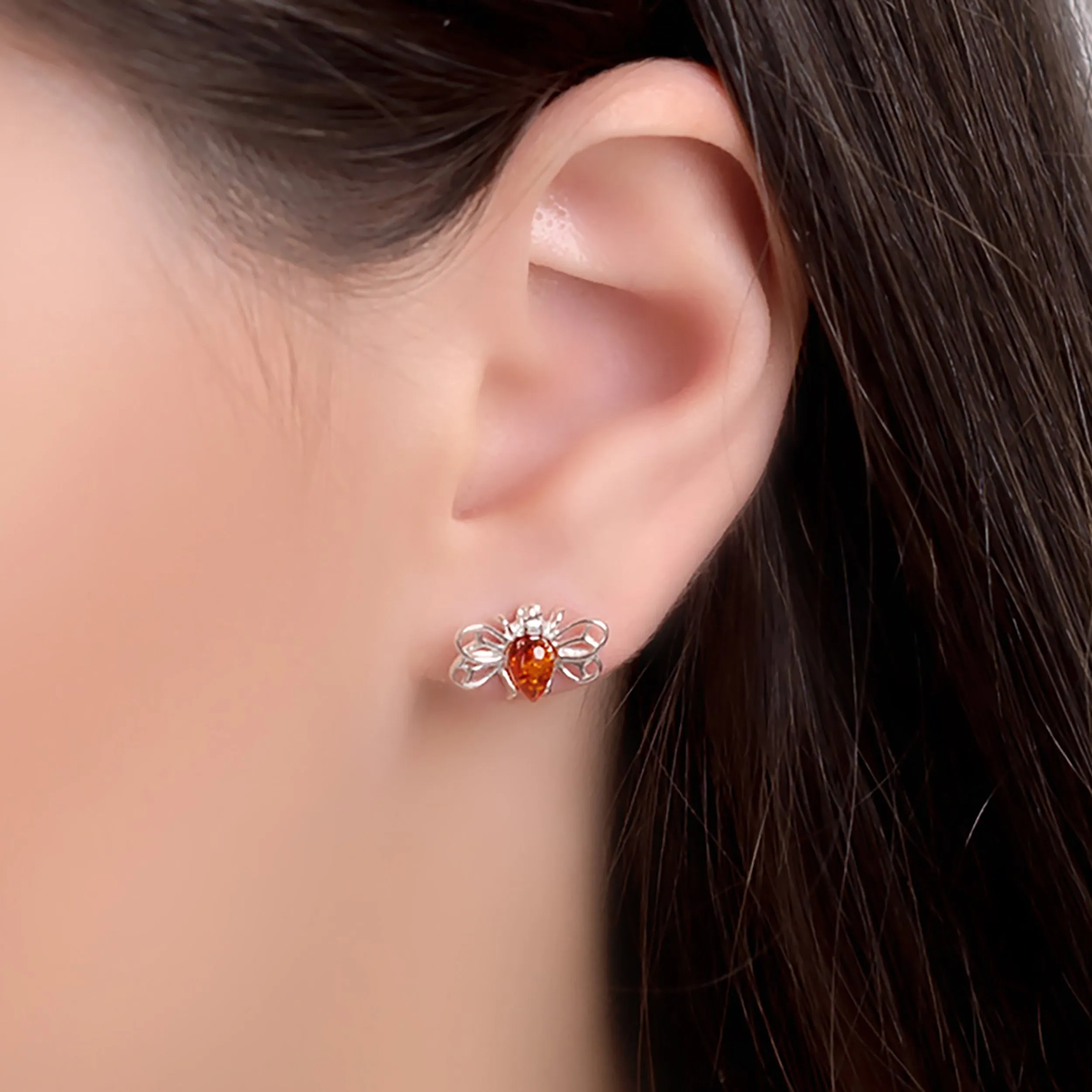 Honey Bee Stud Earrings in Silver and Amber sold by Henryka product image thumbnail 2