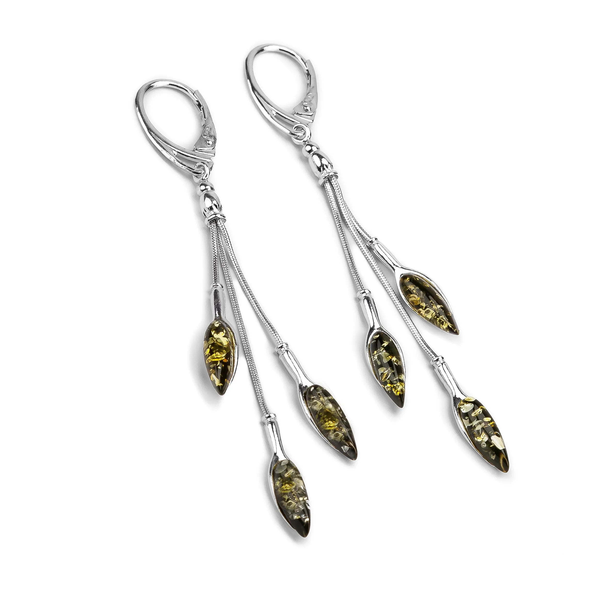 Dangle Drop Earrings in Silver and Green Amber sold by Henryka