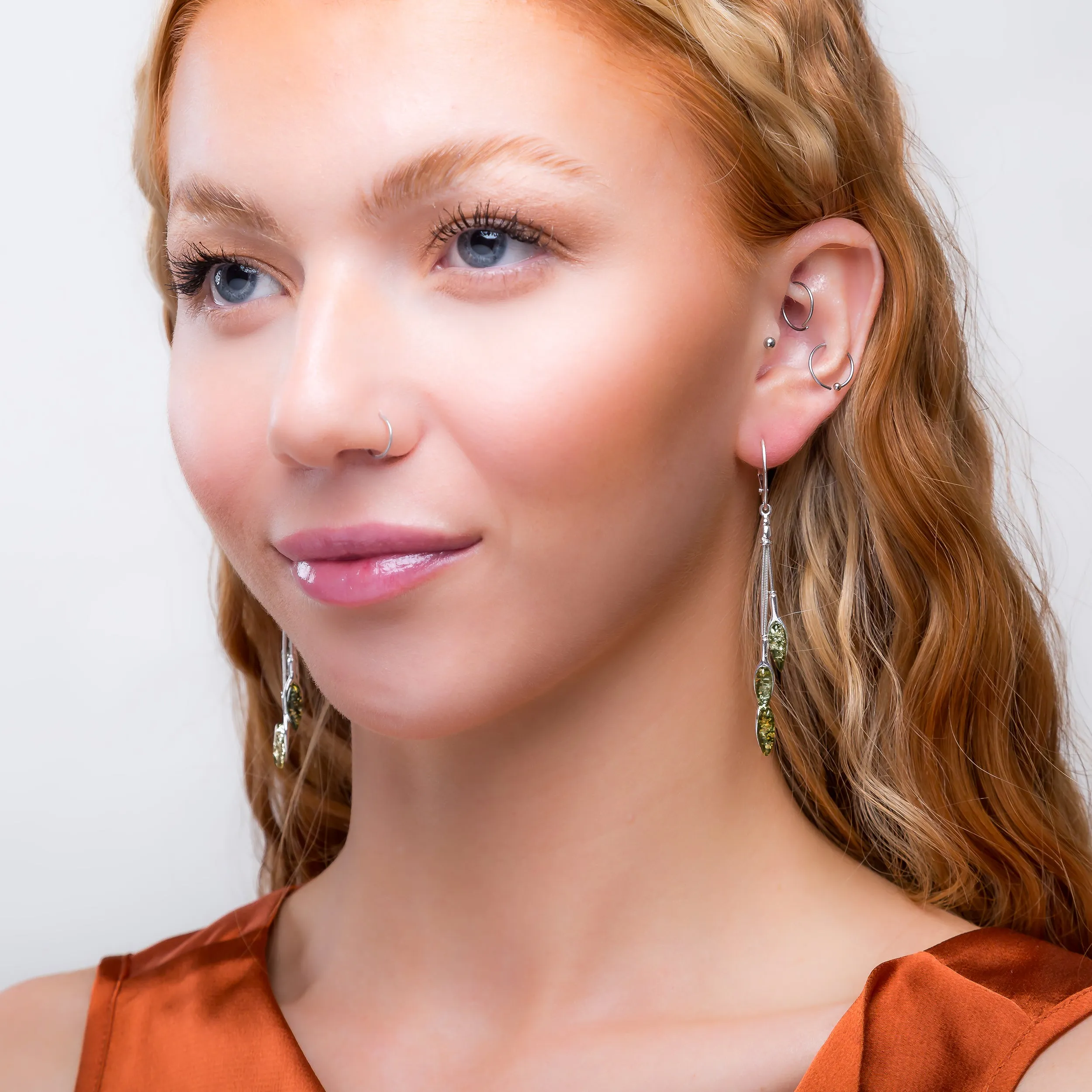 Dangle Drop Earrings in Silver and Green Amber sold by Henryka product image thumbnail 3