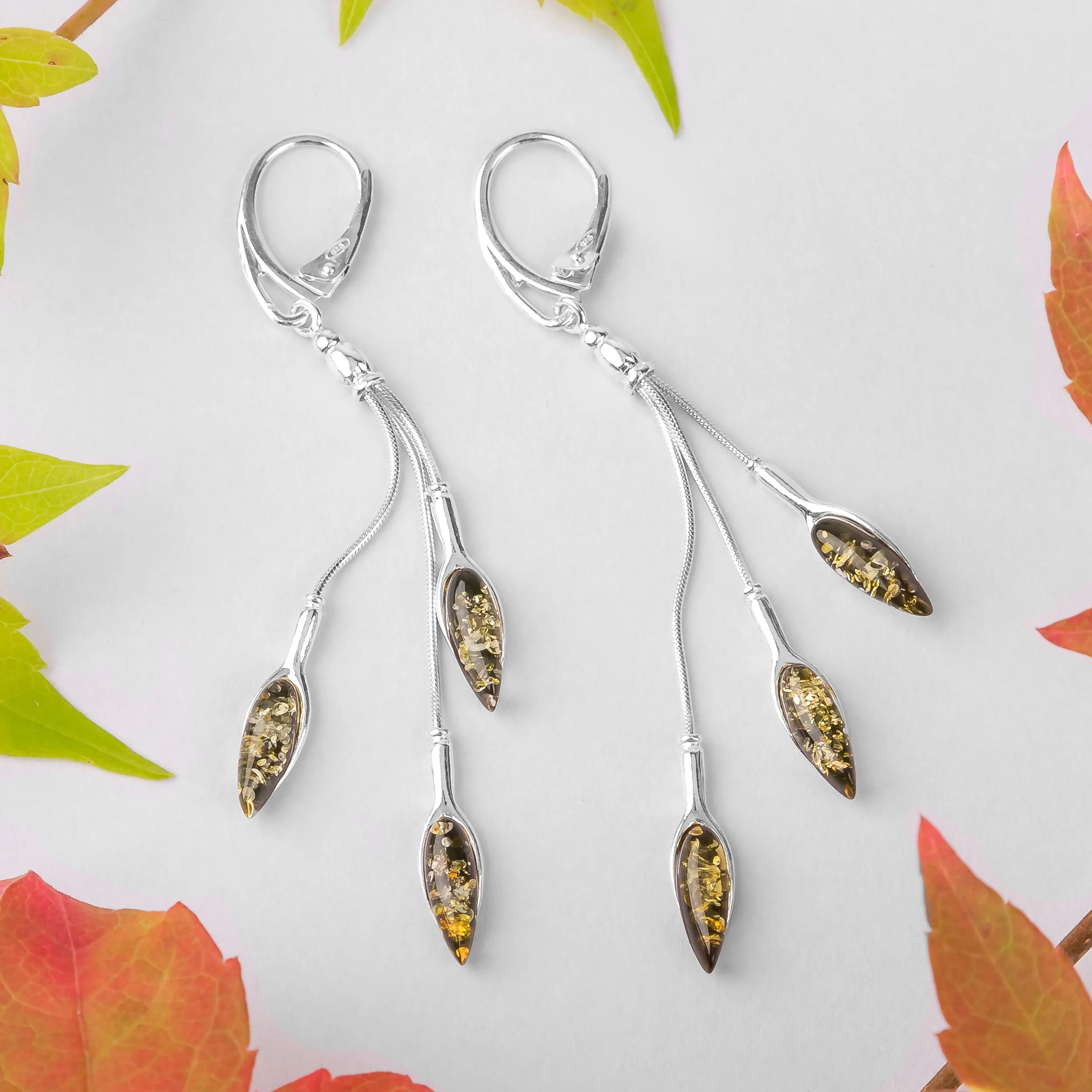 Dangle Drop Earrings in Silver and Green Amber sold by Henryka product image thumbnail 4