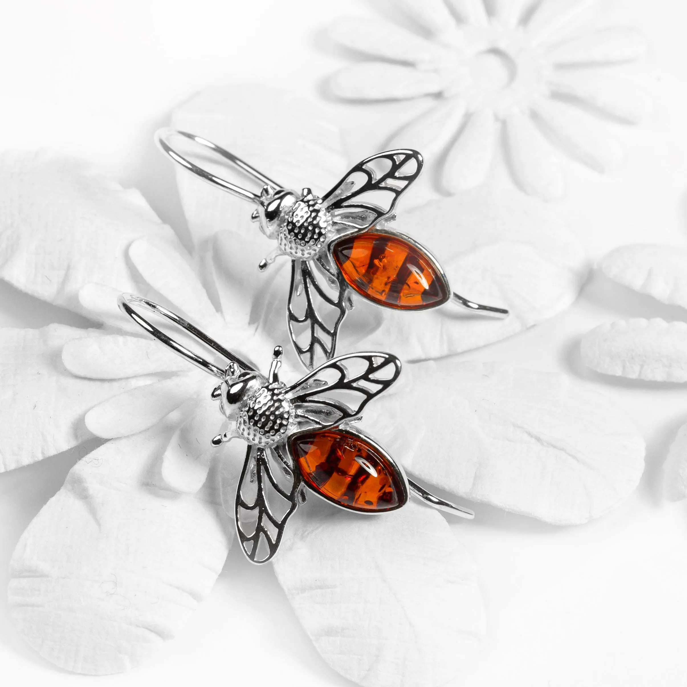 Honey Bee Hook Earrings in Silver and Amber sold by Henryka product image thumbnail 4