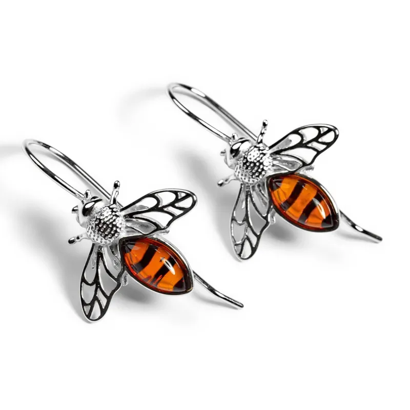 Honey Bee Hook Earrings in Silver and Amber sold by Henryka