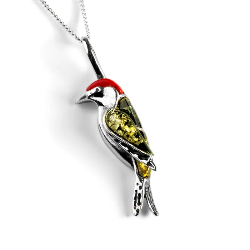 Miniature Green Woodpecker Bird Necklace in Silver, Coral and Amber sold by Henryka