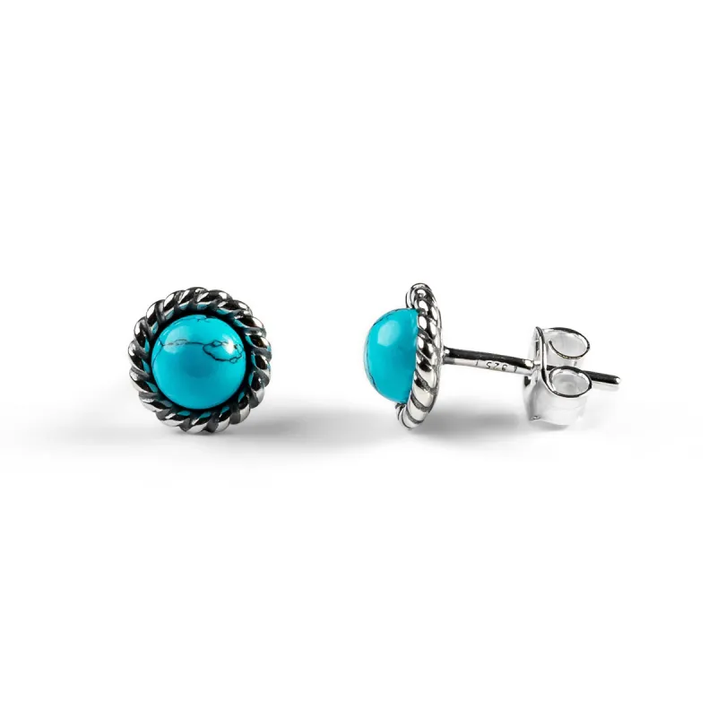 Rope Edge Stud Earrings in Silver and Turquoise sold by Henryka