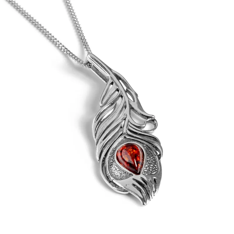 Peacock Feather Necklace in Silver and Amber sold by Henryka