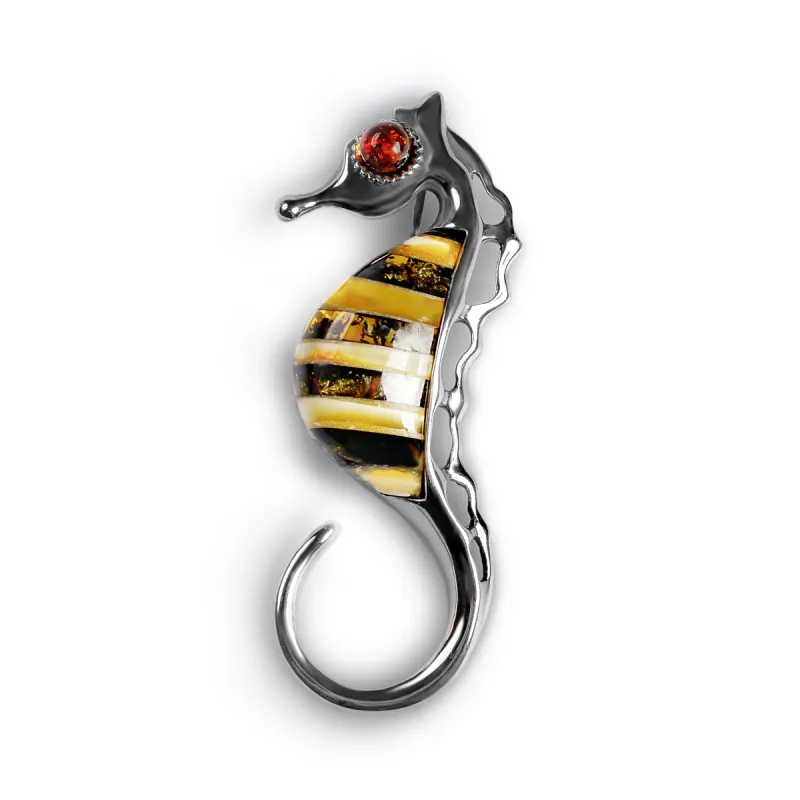 Seahorse Brooch in Silver and Amber sold by Henryka