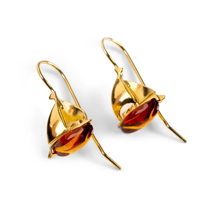 Sailboat / Boat / Yacht Drop Earrings in Amber & Silver with 24ct Gold sold by Henryka
