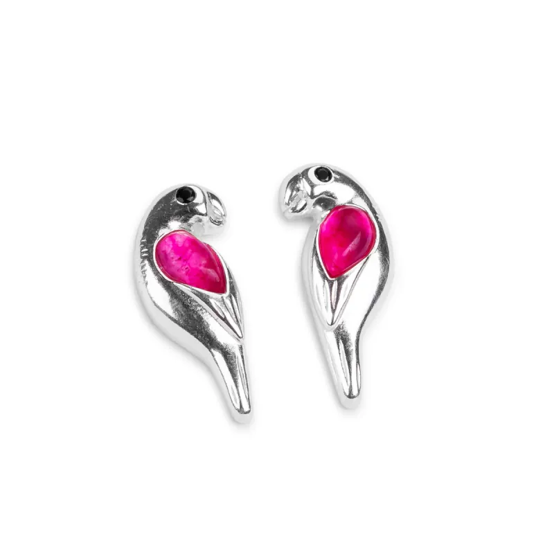 Parrot Stud Earrings in Silver and Ruby sold by Henryka