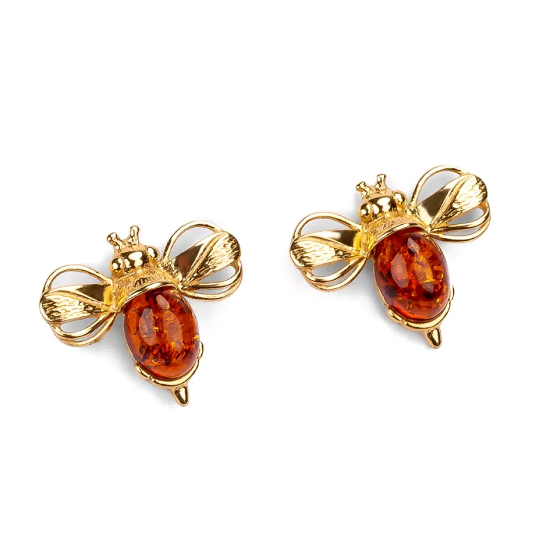 Bumblebee / Bumble Bee Stud Earrings in Silver with 24ct Gold & Amber sold by Henryka