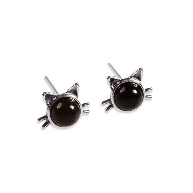 Cute Cat Face Stud Earrings in Silver and Cherry Amber sold by Henryka