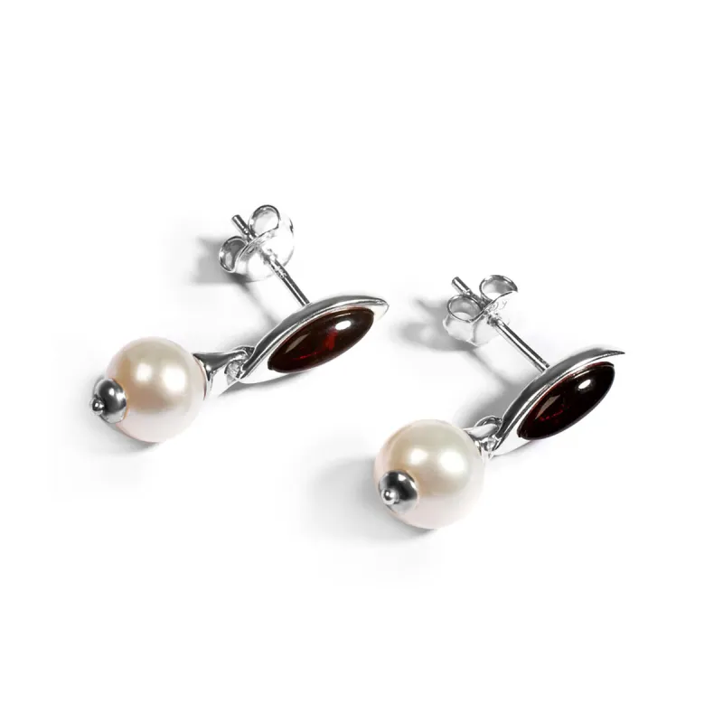 Marquise Pearl Drop Earrings in Silver and Cherry Amber sold by Henryka
