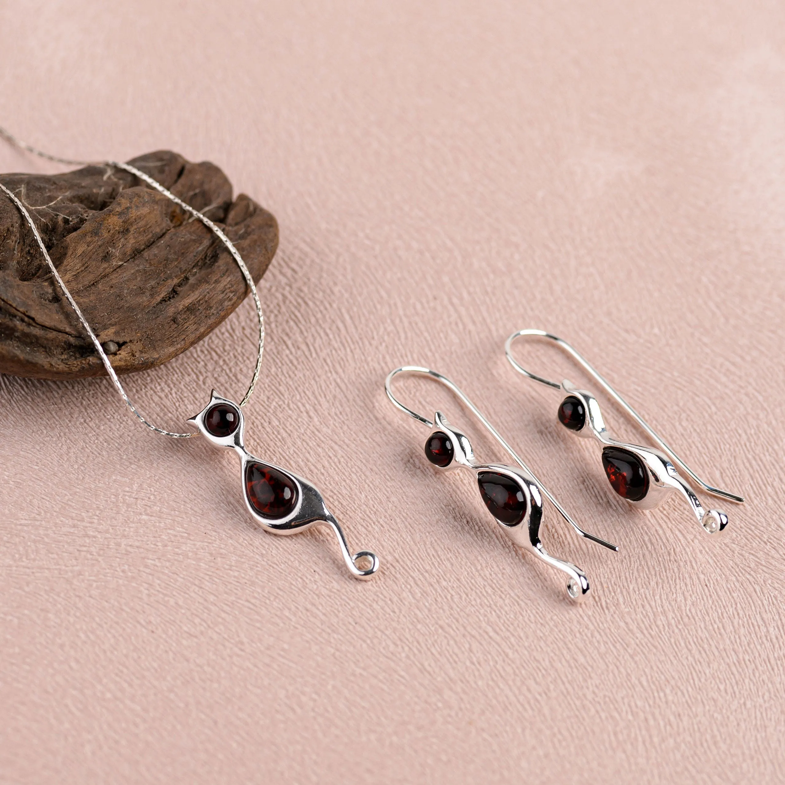 Black Cat Drop Earrings in Silver and Cherry Amber sold by Henryka product image thumbnail 5