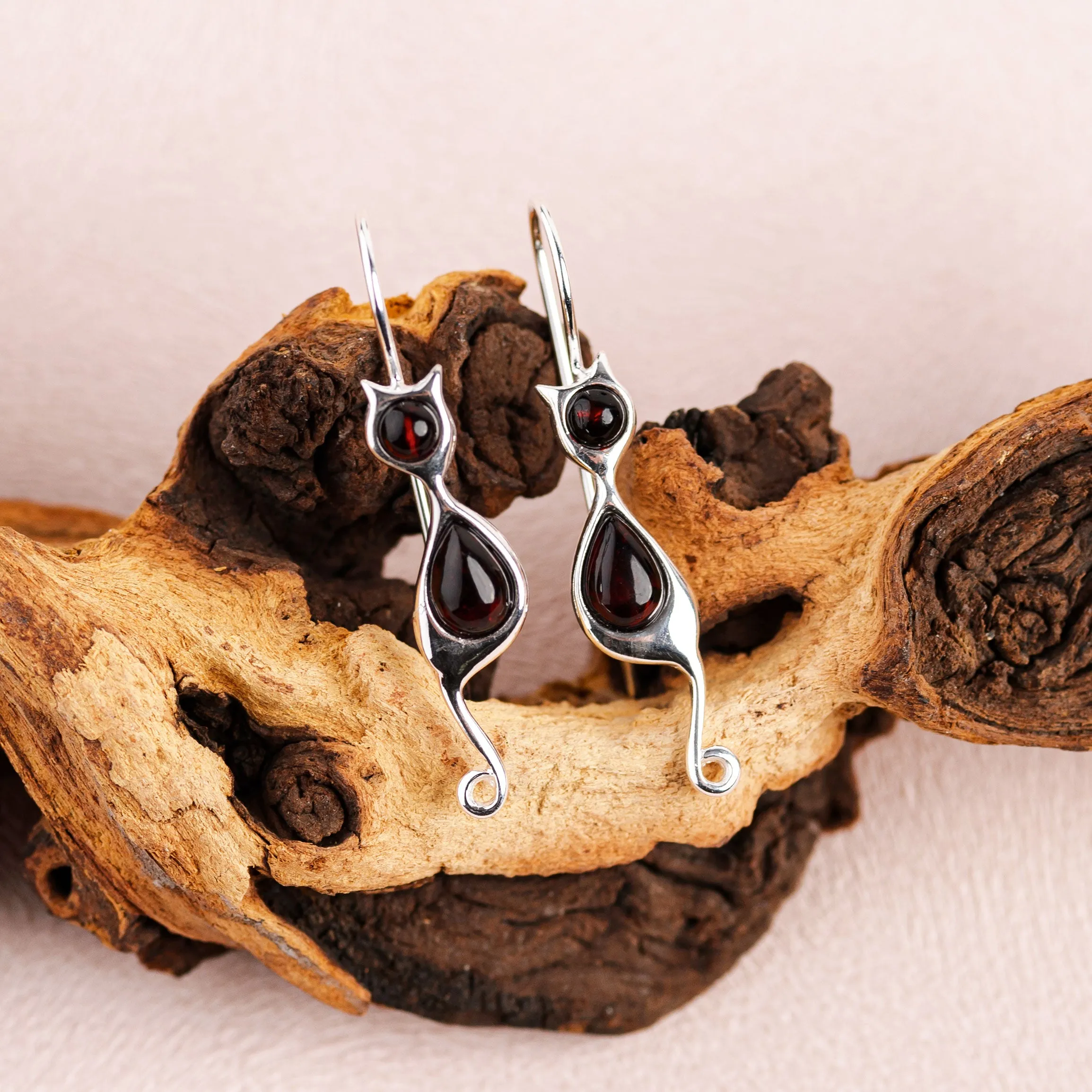 Black Cat Drop Earrings in Silver and Cherry Amber sold by Henryka product image thumbnail 4