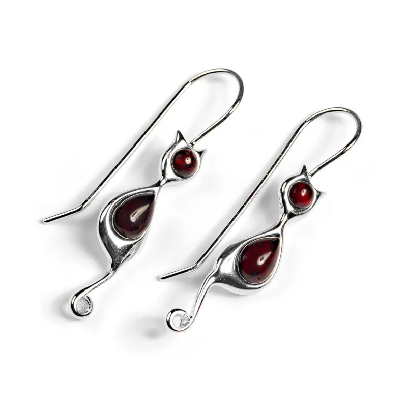 Black Cat Drop Earrings in Silver and Cherry Amber sold by Henryka