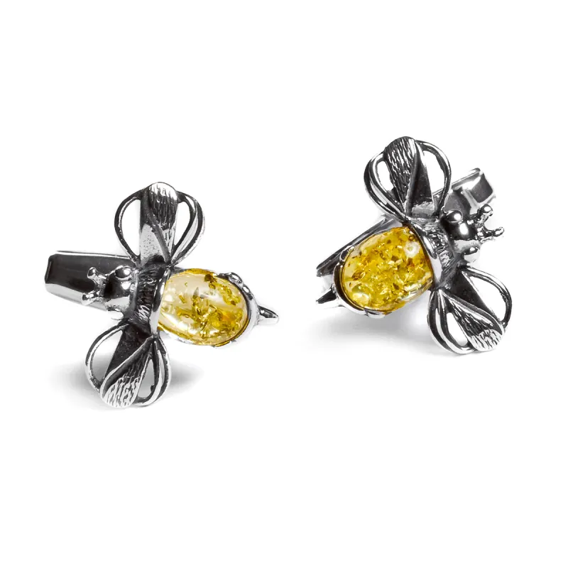 Bumble Bee / Bumblebee Cufflinks in Silver and Yellow Amber sold by Henryka