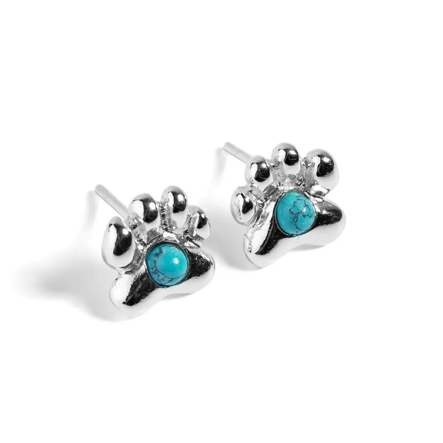 Paw Print Stud Earrings in Silver and Turquoise sold by Henryka