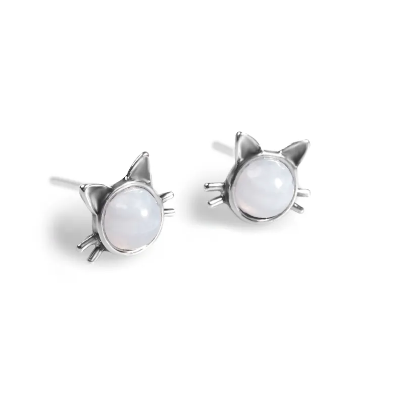 Cat Face Stud Earrings in Silver and Light Blue Lace Agate sold by Henryka