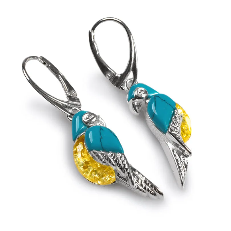 Tropical Parrot Earrings in Silver, Yellow Amber and Turquoise sold by Henryka