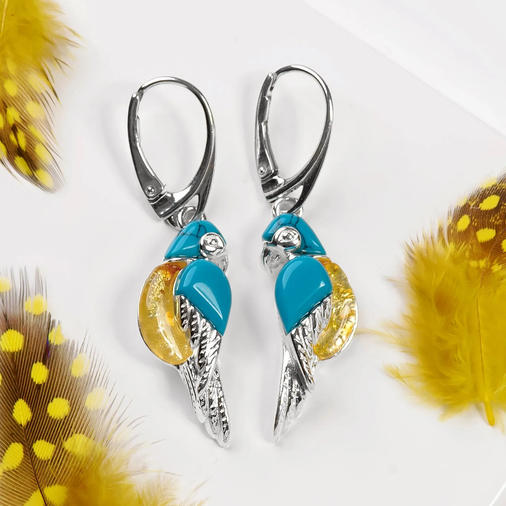 Tropical Parrot Earrings in Silver, Yellow Amber and Turquoise sold by Henryka product image thumbnail 4